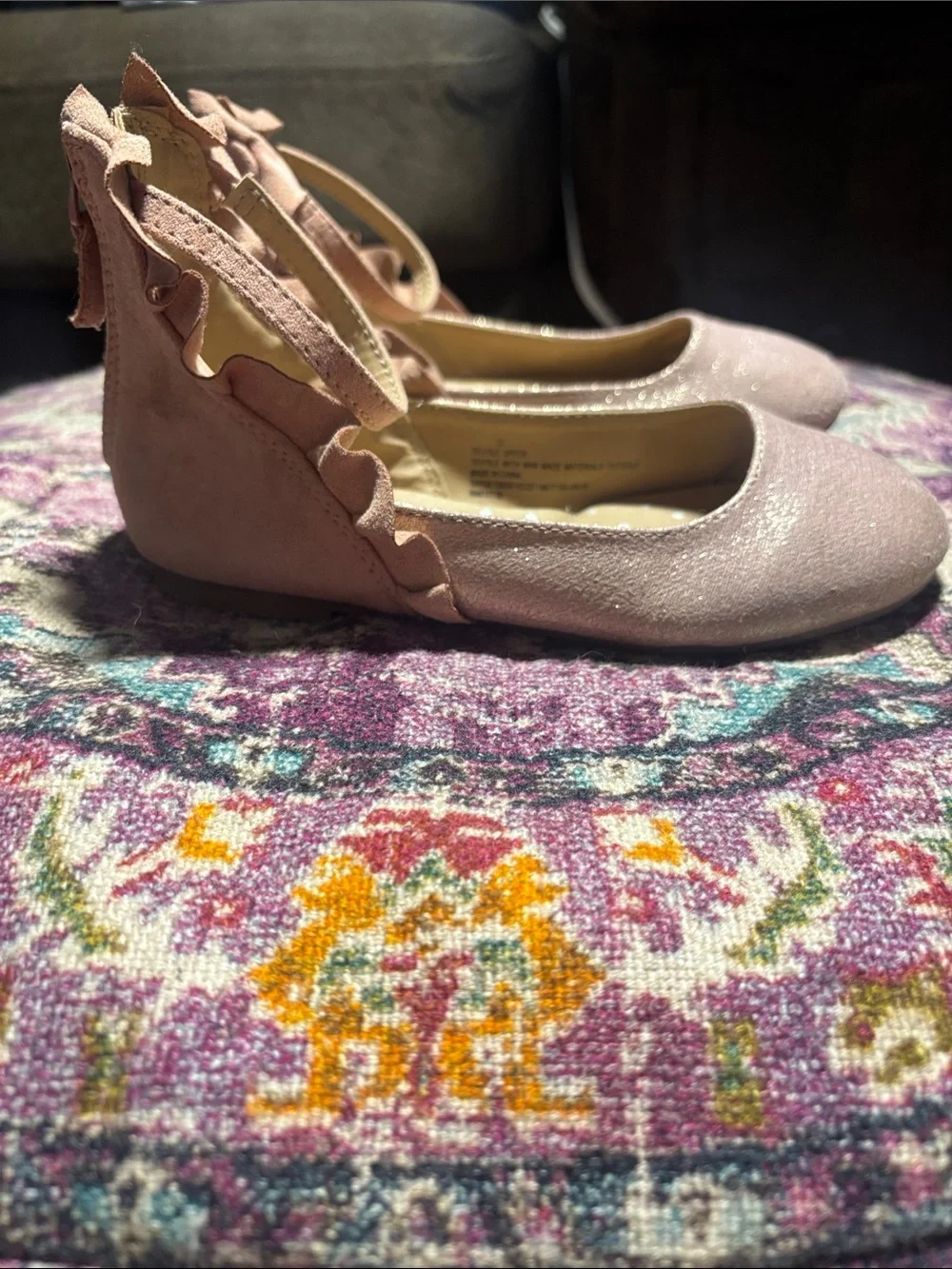 Cat & Jack Girls Ruffled Ankle-Strap Ballet Flats, Sparkly Blush Pink, Size 12